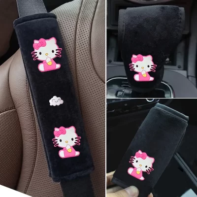 Cubierta de pomos de cambio de marchas para coche, funda de felpa suave con lazo de gatito, accesorios para cinturón de seguridad, 1 unidad