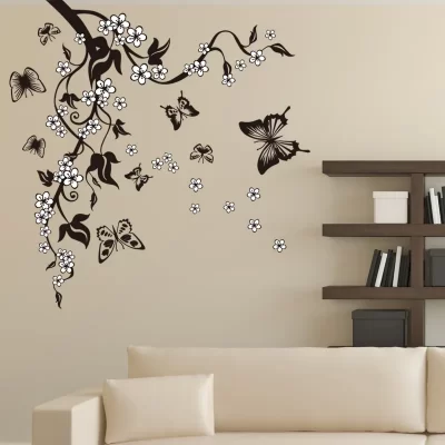 Pegatina decorativa de pared para decoración del hogar, calcomanías de Pvc de rama de flor de mariposa creativa para sala de estar, arte Mural Diy