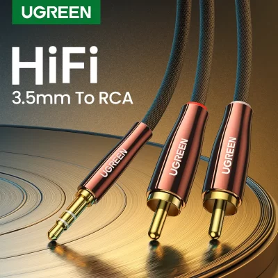 UGREEN-Cable de 2RCA a 3,5mm Hi-Fi, Cable de Audio trenzado de nailon a AUX para DJ, controlador, altavoz, tocadiscos, TV, coche, ESTÉREO