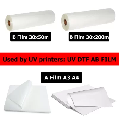 Película UV DTF AB para impresoras UV 6090 4060 A1 A2 A3 A4, película de transferencia a prueba de agua, logotipo de película DTF, pegatina adhesiva redonda curvada L1800 L805
