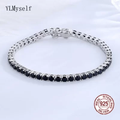 Pulsera de tenis de plata pura sólida para mujer, pulsera de tenis de 15/16/17/18/19/20/21 cm, pavé de 3mm, redonda, circonita negra azabache, joyería elegante 925 Real