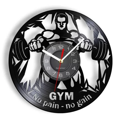 Reloj de pared de gimnasio sin dolor para hombres, reloj de pared con registro de vinilo, levantamiento de pesas, estudio de Fitness inspirador, decoración de pared