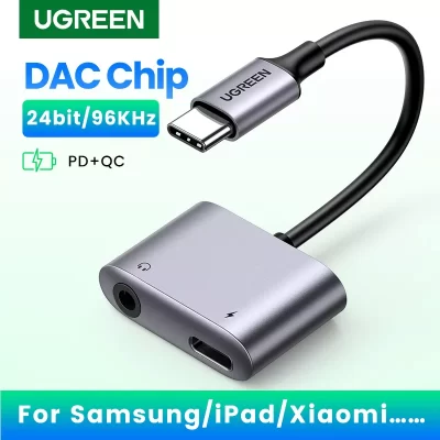 UGREEN-Adaptador de Cable USB tipo C a AUX, 3,5mm, convertidor de auriculares, Chip DAC, PD, QC, carga para Huawei, iPad Pro, Samsung Pixel