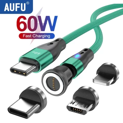 AUFU-Cable de USB-C magnético 3 en 1, Cable magnético de carga rápida 5A, tipo C, para iPhone, portátil, Samsung, Xiaomi, Realme