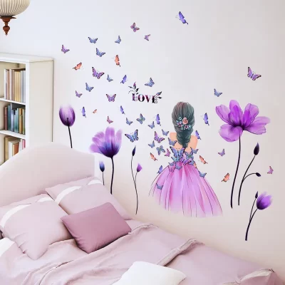 Pegatina de pared con gráfico de mariposa y figura, calcomanía de arte de pared autoadhesiva para decoración del hogar, tulipán, niña pequeña, 4 piezas