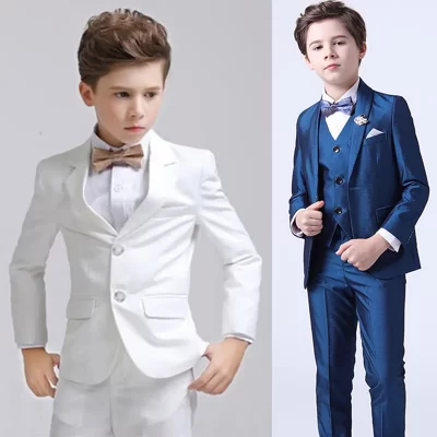 Blazer blanco para niños, conjunto de 3 piezas, chaleco y pantalones, traje elegante para fiesta de bautismo, boda y graduación