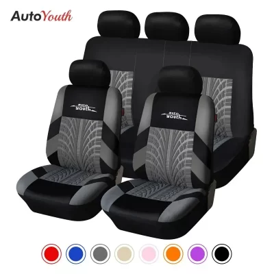 AUTOYOUTH-Conjunto de fundas de asiento de coche, protector de asiento universal con bordado para la mayoría de las cubiertas de coche, con diseño de pista de neumático, con estilo