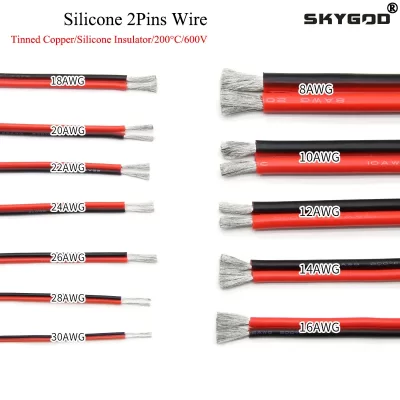 Cable de goma de silicona de alambre de cobre suave, conector LED de bricolaje Flexible, negro y rojo, 1/2/5M, 30 28 26 24 22 20 18 16 14 12 10 8 AWG, 2 pines