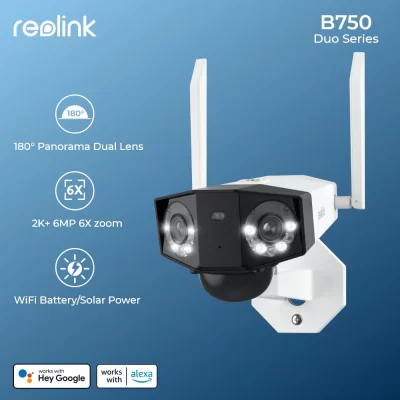 Reolink-cámara WiFi de doble lente, videocámara alimentada por batería Solar de 6MP para exteriores, videovigilancia, protección de seguridad, batería