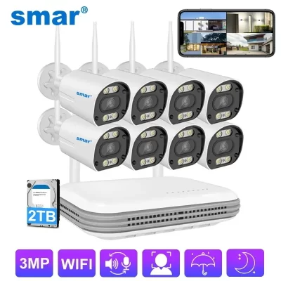 SMAR-sistema inalámbrico de videovigilancia, Kit de cámara CCTV con Wifi, H.265, 3MP, HD, Audio de seguridad, IA, detección facial, IP, 8 canales, NVR, ICSee