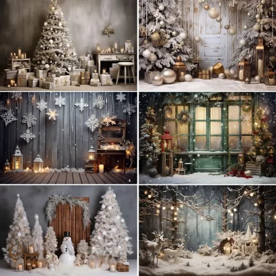 Bonvvie-Fondo de fotografía de Navidad, chimenea de Navidad, árbol de Navidad blanco, regalos, árboles de pino, fiesta familiar, estudio fotográfico