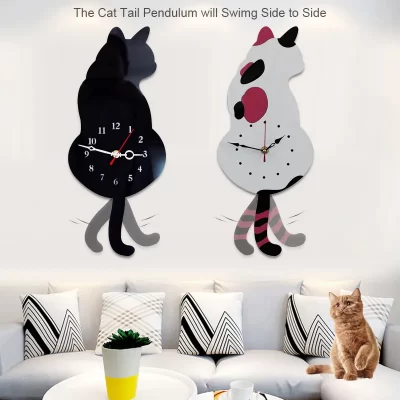 Reloj colgante de gato con cola oscilante para habitación de niños, reloj de gato de cola móvil, reloj de cuarzo silencioso acrílico, pegatinas de espejo acrílico moderno