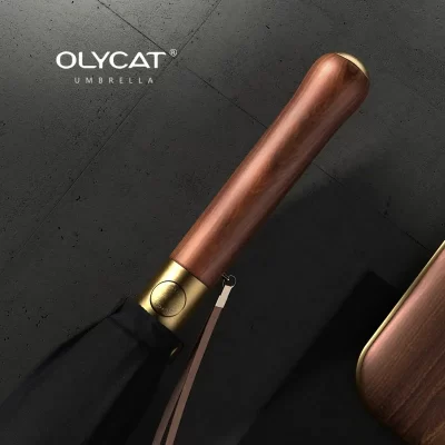 OLYCAT-Paraguas de lujo con mango de madera para hombre, sombrilla grande y larga de 112cm, color negro, 16 varillas, a prueba de viento y lluvia, ideal para regalo