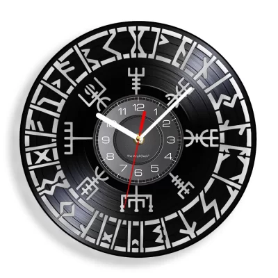 Reloj de pared con símbolo de runas Vegvisir, mitología nórdica, disco de vinilo, para dormitorio, Vikingo, decoración del hogar, regalo para entusiastas del arte nórdico