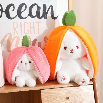 Juguete de peluche de conejo transfigurado de frutas Kawaii, lindo zanahoria, fresa, se convierte en conejo, regalo de cumpleaños y Navidad para niños