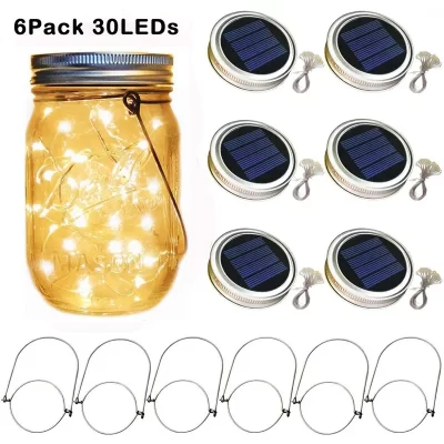 Luces solares para exteriores, 6 piezas, 30LED, alimentadas por energía Solar, tarro de albañil, impermeables, guirnalda, luces, fiesta de vacaciones, decoración de Navidad, lámpara