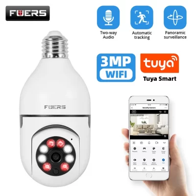 Fuers Minicámara IP de Seguridad a Todo Color para Interior, Dispositivo con Wifi, Monitor de Vídeo para Bebé y Mascota, Vigilancia del Hogar con Tuya Smart, Bombilla E27, 3 Mp.