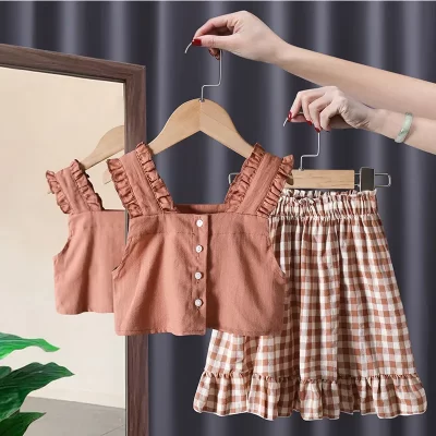 Disfraces para Niñas 2023 Dongdaemun, ropa de verano coreana, conjunto de dos piezas de algodón, camisetas sin mangas y vestidos Midi, ropa de estar por casa