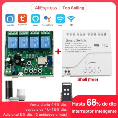 Interruptor inteligente Tuya de 4 canales, módulo WIFI de 220V, Control remoto USB, 5V, 12V, 24V, 85-250V, receptor RF, 10A, relé inteligente incluye carcasa gratis