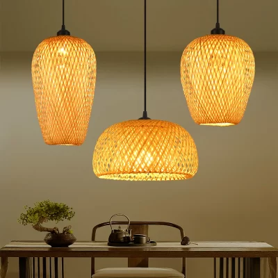 Lámpara colgante Led de bambú, candelabros de techo de mimbre Natural, accesorios de iluminación E27 tejidos a mano