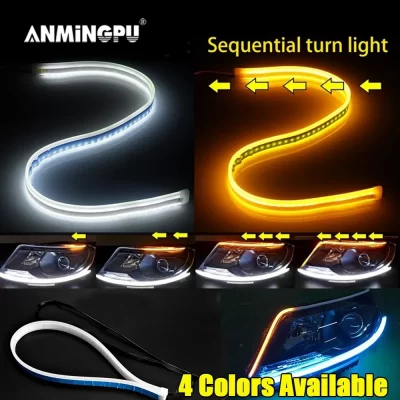 ANMINGPU-tira de luces LED de circulación diurna, luz brillante y Flexible, DRL, señal de giro, blanco y amarillo, secuencial, para faro de coche, 1 par