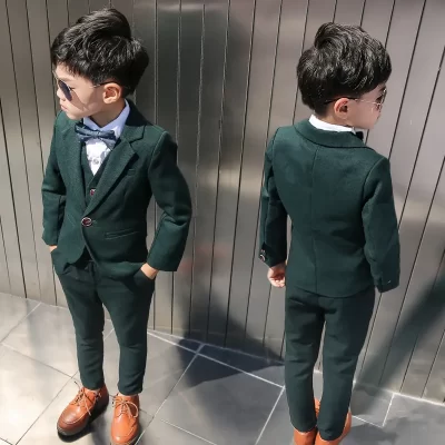 Traje Formal de fiesta de boda para niños, Blazer, chaleco, pantalones, corbata, esmoquin de 4 piezas, traje de fotografía para actuación, color verde oscuro