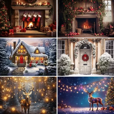 Bonvvie-Fondo de fotografía de Navidad, árbol de Navidad, copo de nieve, ciervo, Papá Noel, regalo, decoración de fiesta familiar, telón de fondo de estudio fotográfico