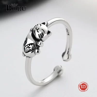 Encantador anillo de dedo de gato de la suerte de Plata de Ley 925 ajustable para mujer, buena suerte, fiesta de cumpleaños, joyería fina, regalos, tamaño abierto