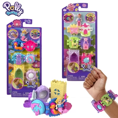 Mattel-pulsera de bolsillo Polly Original para niños, Mini escena de animales marinos, Juguetes Divertidos de moda, correa de muñeca de empalme