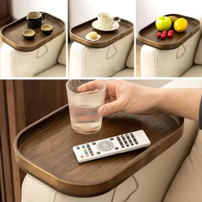 Bandeja de mesa con Clip para Reposabrazos de sofá, organizador de bambú Natural para el hogar