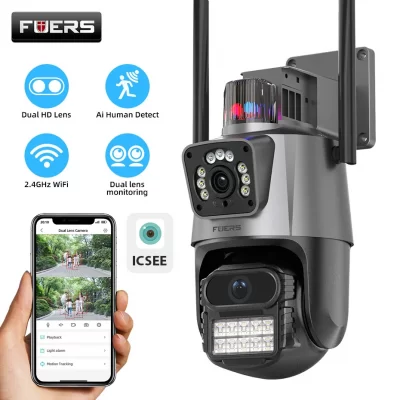 FUERS-cámara IP 4K de 8MP para exteriores, videocámara PTZ con WiFi, lente Dual, pantalla Dual, seguimiento automático, impermeable, vídeo de seguridad, luz de policía