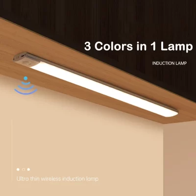 Luz LED nocturna para dormitorio, luces con Sensor de movimiento, inalámbrico, USB, para debajo del gabinete, cocina, armario, interior, 3 colores en 1, iluminación