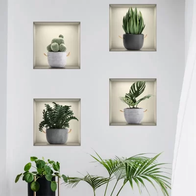 Pegatina de pared con patrón de plantas de 4 piezas, calcomanía artística de PVC autoadhesiva para sala de estar, dormitorio, Oficina