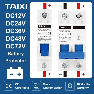 Protector de batería MCB para coche, Mini disyuntor DZ47, aislador de interruptor de protección de polo positivo y negativo, CC de 12V, 24V, 48V, 36V, 72V