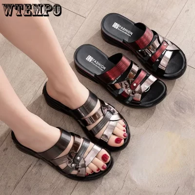 WTEMPO-Sandalias de piel sintética para mujer, zapatillas informales de playa, zapatos planos, envío directo