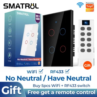 SMATRUL-Interruptor táctil inteligente con Wifi, luz de Brasil sin cable neutro, 110V, 220V, 1/2/3/4 Gang, RF, encendido y apagado remoto para Alexa y Google Home