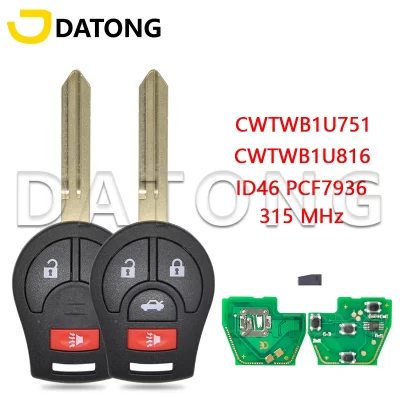 Llave remota de coche Datong World para Nisan, Qashqai, Sunny, Tiida x-trail, FCCID, CWTWB1U751, CWTWB1U816, Chip ID46 de 315 Mhz, para la llave del coche