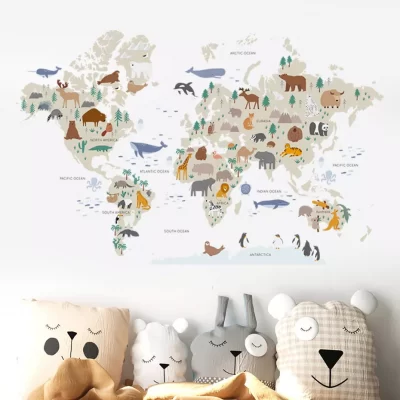 Pegatinas de pared con mapa del mundo para niños, calcomanías artísticas de vinilo con dibujos de animales, vida salvaje, acuarela, para habitación de bebés y niñas, decoración del hogar