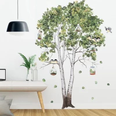 Pegatinas de pared de abedul de árbol grande, calcomanías de hojas verdes para sala de estar, dormitorio, pájaros, decoración del hogar, póster Mural de PVC, decoración de habitación