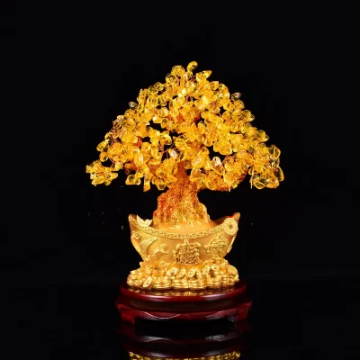 Árbol de la suerte amarillo Feng Shui, adornos de cristal de cuarzo, limón, Yuanbao, dinero, fortuna, suerte