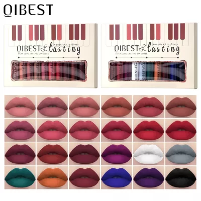 QIBEST-pintalabios líquido mate, 12 piezas, resistente al agua, larga duración, terciopelo, Nude, rojo, brillo de labios, maquillaje, cosmético